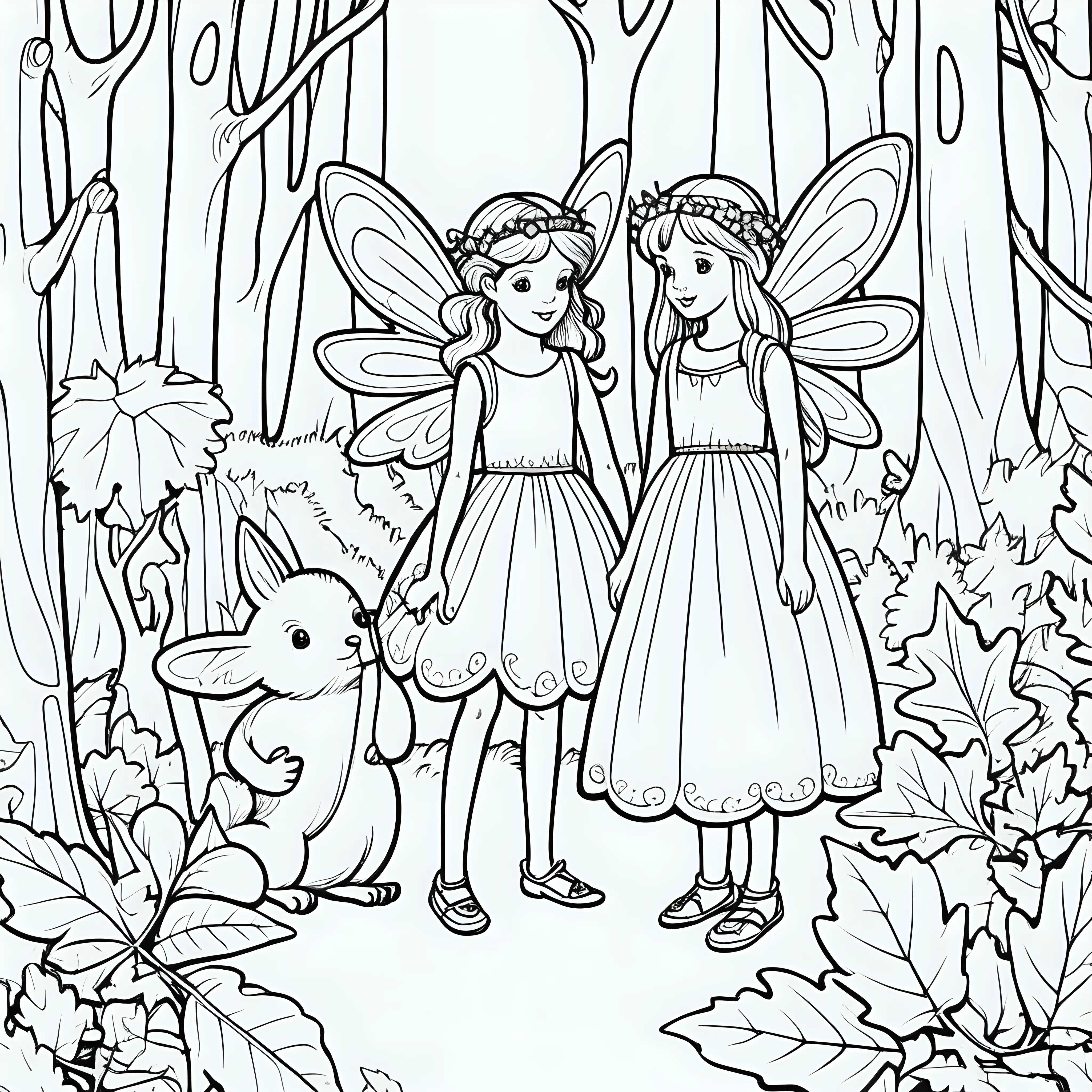 Simple black line fairy's in a woodland children's colouring page