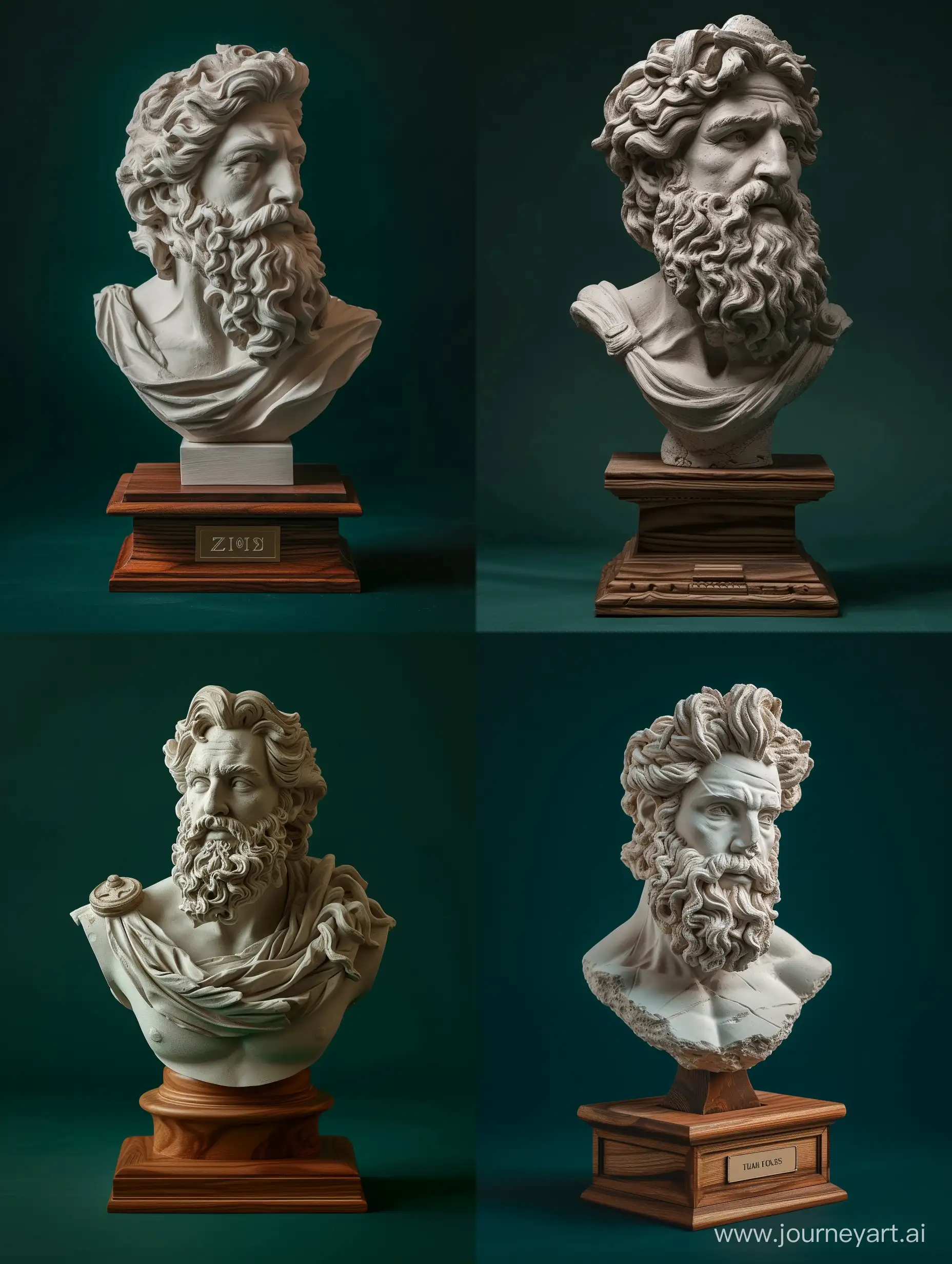A Plaster Sculpture of Zeus Wooden Base, Bust Style, Dark Green Background, Cinematic Pose, Wide Shot, High Precision --ar 3:4