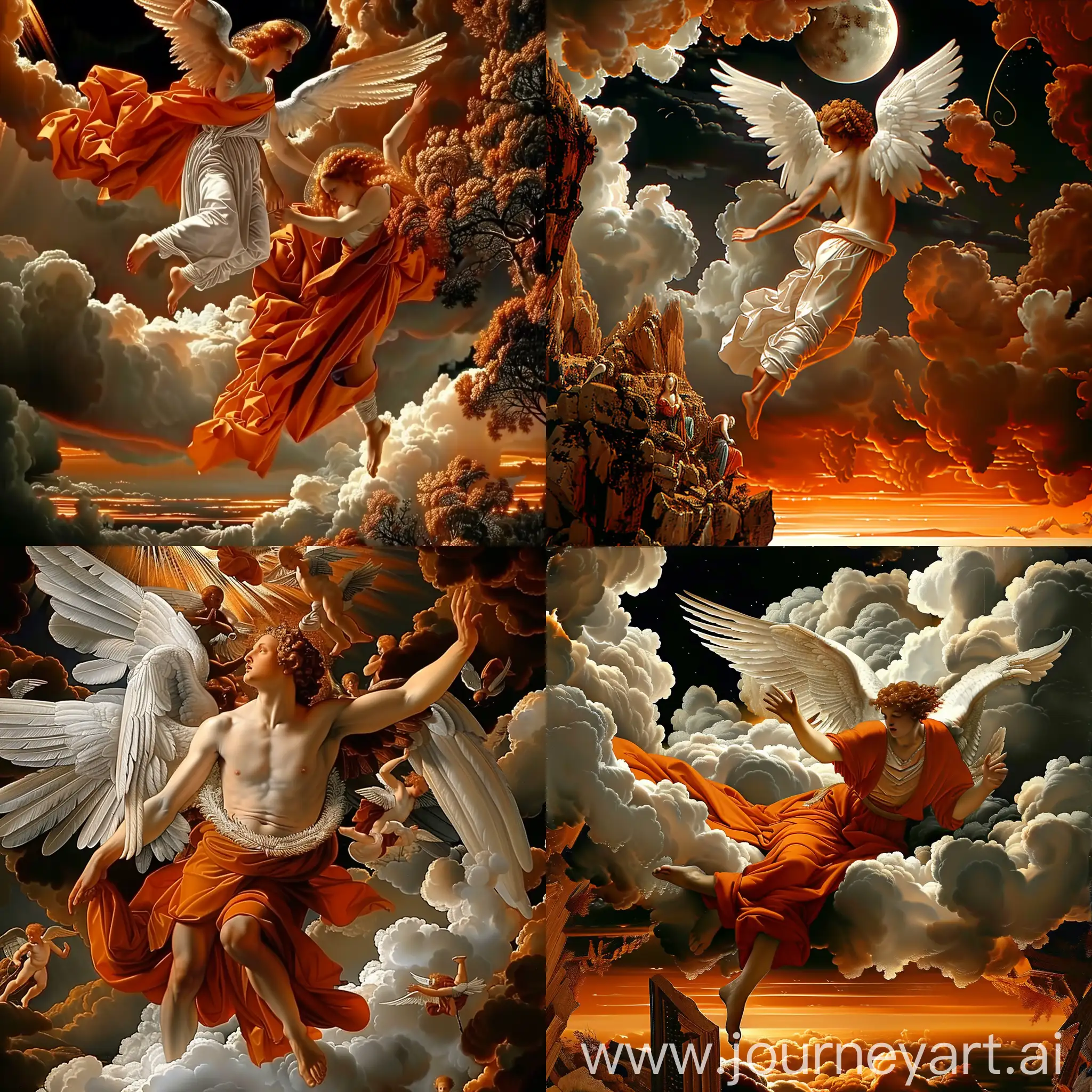 A Renaissance painting of an angel being expelled from heaven --sref https://i.pinimg.com/736x/4b/6f/8f/4b6f8f57b3c028fae7c645ecd4ae16f0.jpg --v 6 --ar 16:16