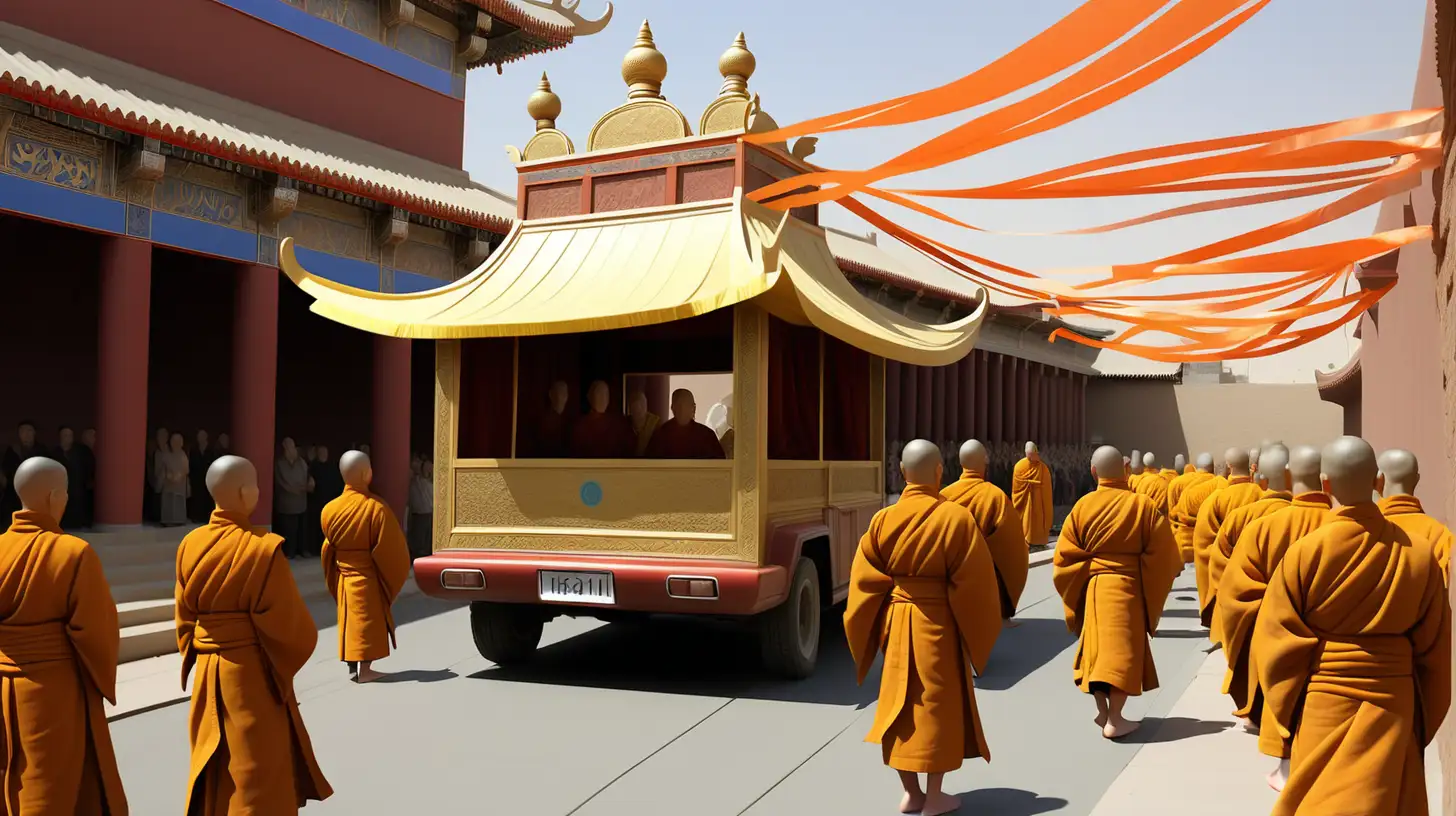 On 399 CE,  the city of khotan,  A four wheel image car, was adorned with elegant silk streamers and canopies that hung gracefully all around. Positioned in the center of the car was the prominent image, believed to be Sakyamuni, accompanied by two Bodhisattvas. The devas, intricately crafted in gold and silver, followed closely behind, suspended in mid-air. is A old chinese amazed to witness a city beside  huge southwestern festival a rough amount of seven thousand people are watching the procession at centre of city, Kotan When the car was a hundred paces from the gate, the king put off his crown of state, As the five travellers gather, a fellow Mahayana monk emerges and instructs the crowd to create an open area near the gate for the image car to proceed through. The king, who is seated beside them, rises and proceeds inside the moving monastery, When the image was entering the gate, the queen and the brilliant ladies with her in the gallery above scattered far and wide all kinds of flowers which floated about and fell promiscuously to the ground.
