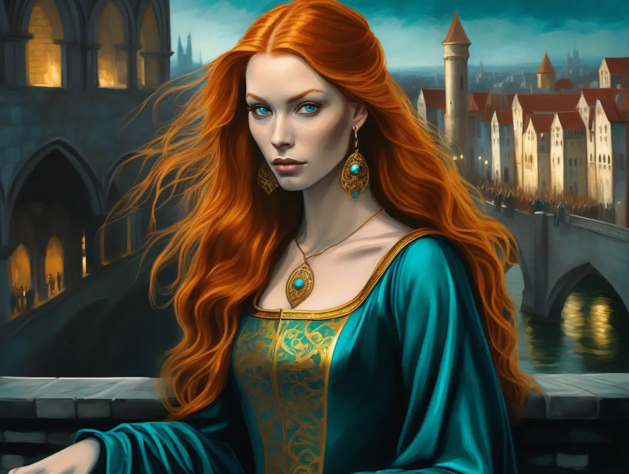 beautiful young woman, medium short middle part straight ginger hair, cyan and gold elegant noblewoman dress, gold round earrings, Medieval city war, night, Medieval fantasy painting, Terese Nielsen