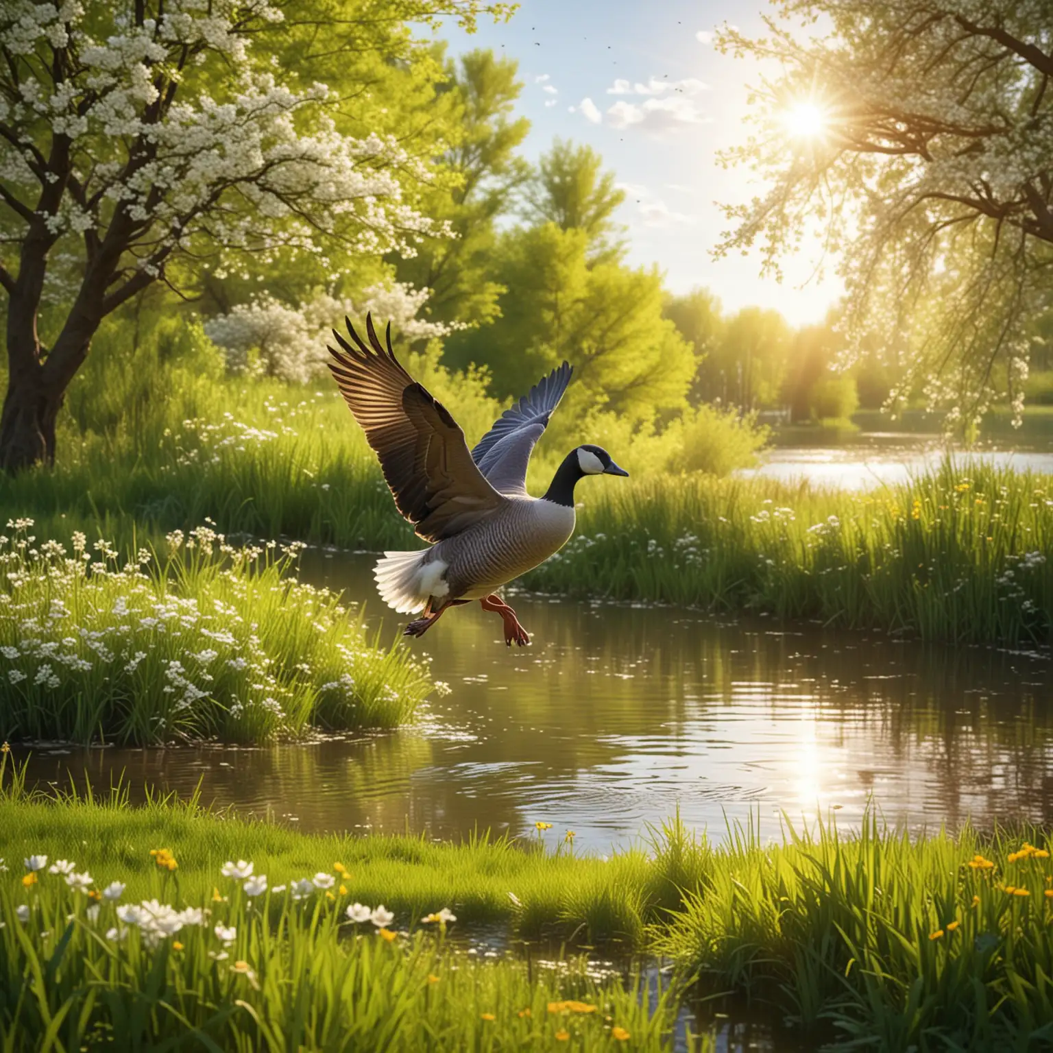 realistic spring scenery with a wild goose landing on the grassy shore of a lake, blooming trees in the background, and gentle rays of the sun suggesting the arrival of warm spring