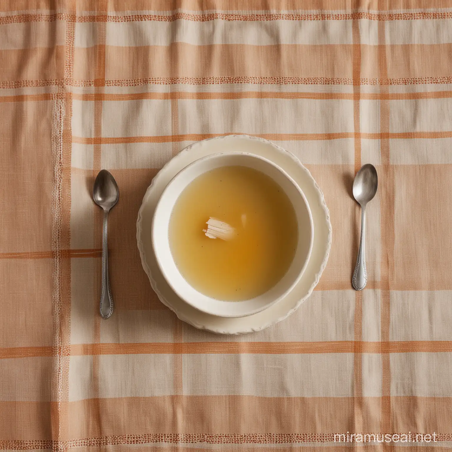 a bowl of Chicken Broth on a table with a nice tablecloth