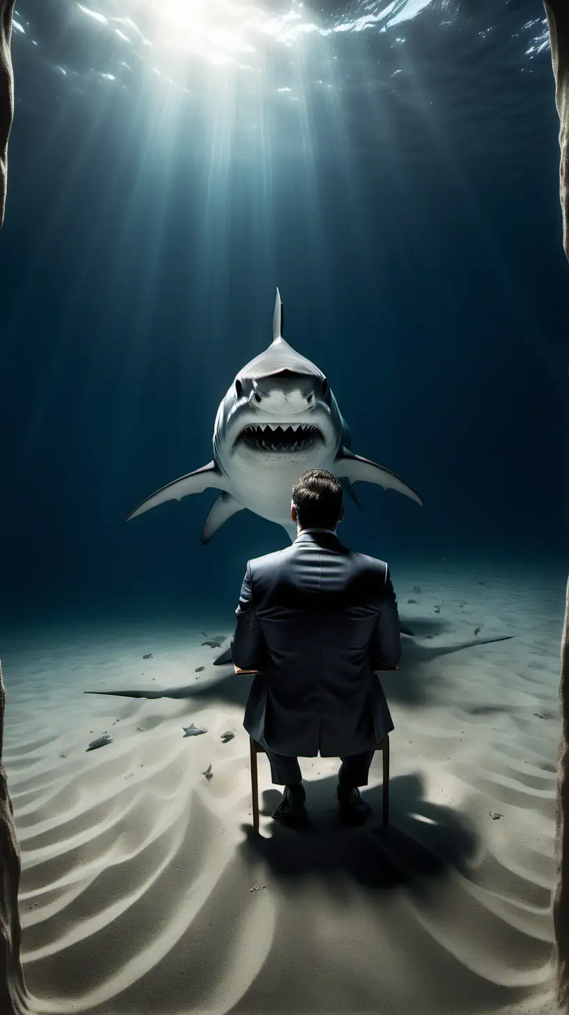subject: a man in a suit with his back to us, sitting at the bottom of a sandy seabed, a shark circles above him

Setting: The ocean, fish

Style: Cinematic lighting, moody, hyper realistic 