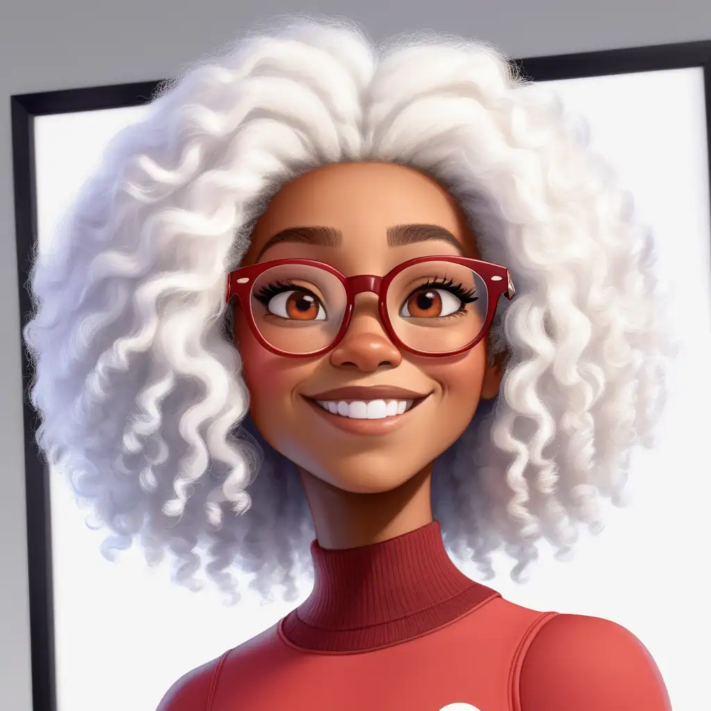 /imagine the Disney Pixar picture style of a gorgeous smart 30-year-old black lady, with stunning white  shoulder length afro  hair, beautiful almond shape black eyes, looking straight into the camera,  authentic and smart personality, wearing red frame glasses, a turtleneck, athletic body front facing,  with different facial expression, character sheet white, and white background, with black running shoes