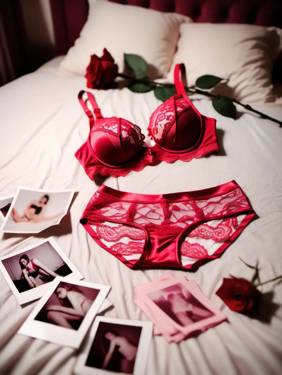 Pink lace bra and panties and other female clothes thrown on the bedroom carpet, single red rose, blurry nude polaroids, bed in the background