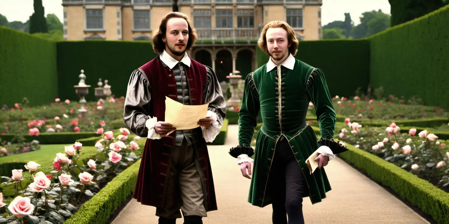 A color photo of a 26-year-old William Shakespeare. Besides him, an attractive blond 20-year-old Henry Wriothesley, holding a document made of parchment paper. They are walking through a rose garden with a palatial house in the distance. They both appear content. The year is 1595