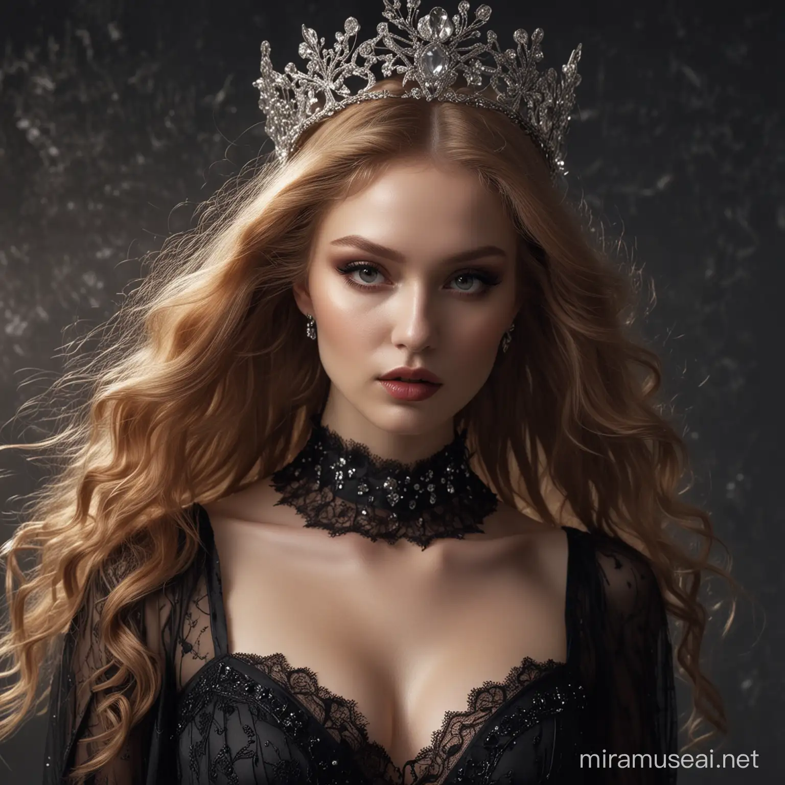 Beautiful vampire fairy, gorgeous and sensual, dark fantasy, in minimalistic futuristic floaty silk top, minimal lace headwear, dreamy big curves fluffy dreamy long oak hair, diamond crystals on forehead and cheek, face glows, vampire lighting, in the style of Versace, highly detailed, movie quality