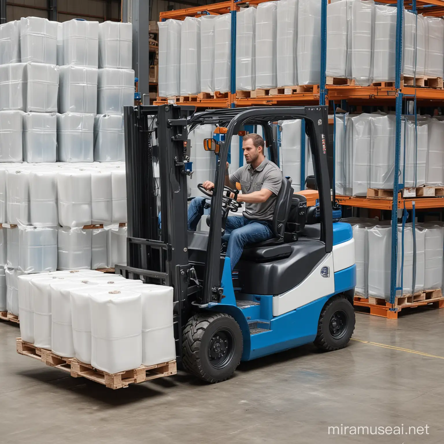 Forklift Operator Transporting Plastic Container in Warehouse