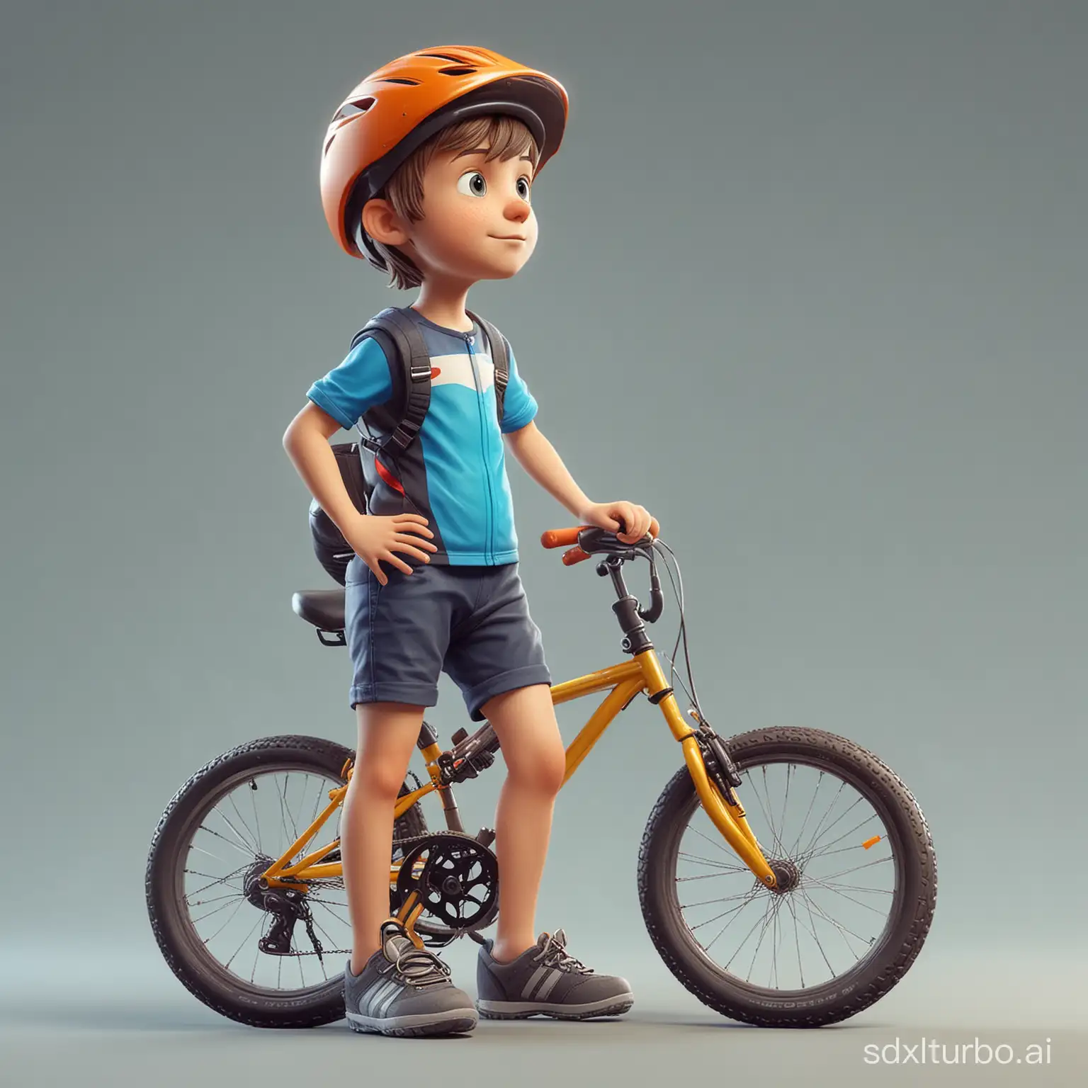 Little child cyclist boy, game character, stands at full height