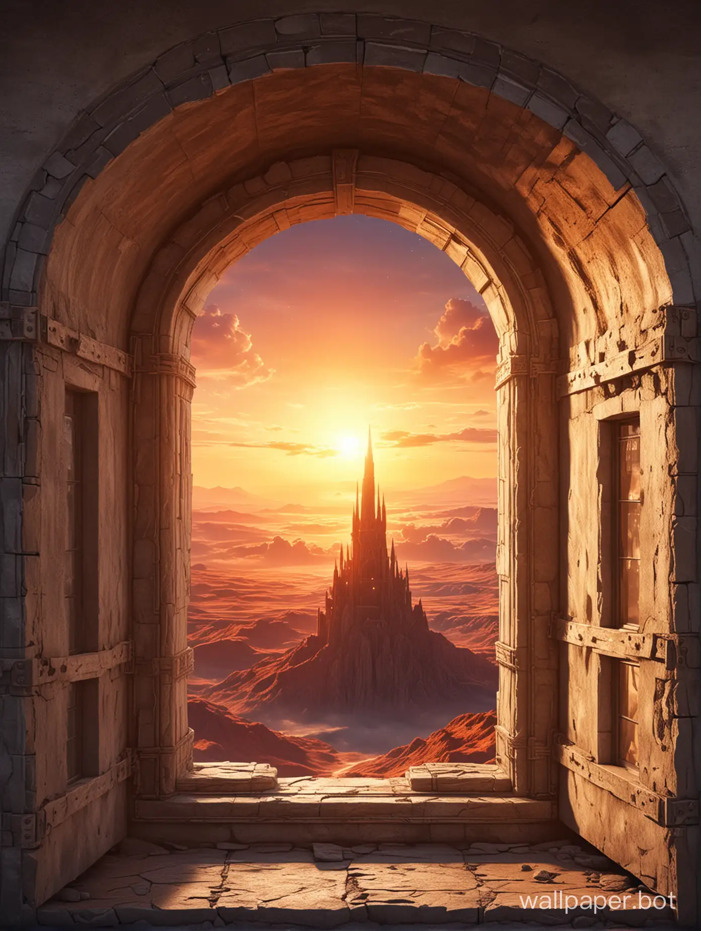 Window into fantasy space. fantastic tower against sunset background. High resolution. Very definition. sci-fi.