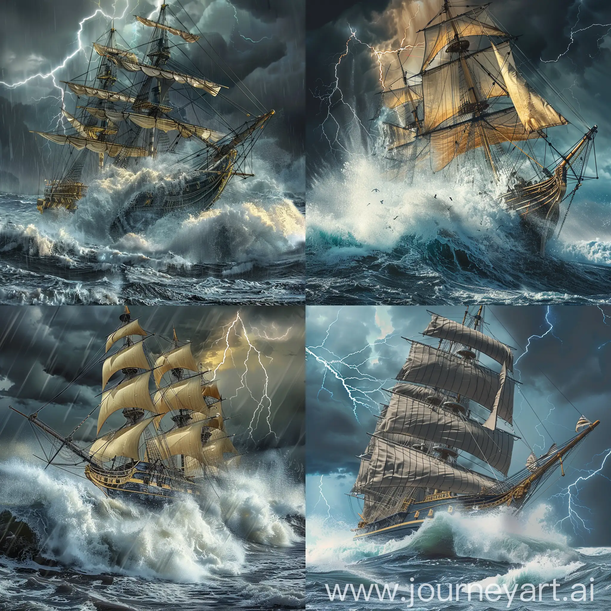 A large antique sailing ship in the middle of a gigantic ocean storm, meter-high waves crashing against the ship, lightning can be seen in the sky, dramatic, nostalgic and very detailed