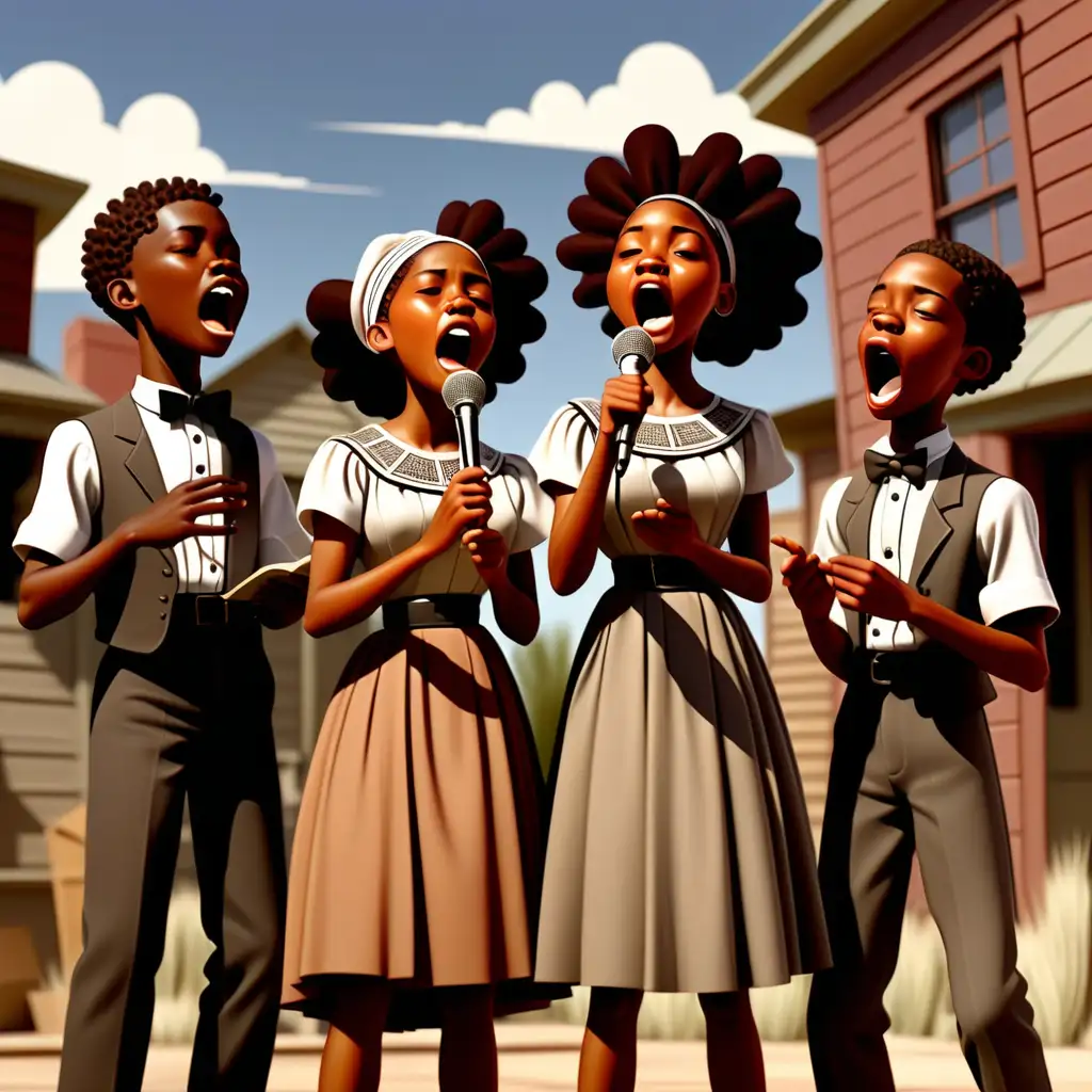 1900s cartoon style african american teens singing at juneteenth in new mexico