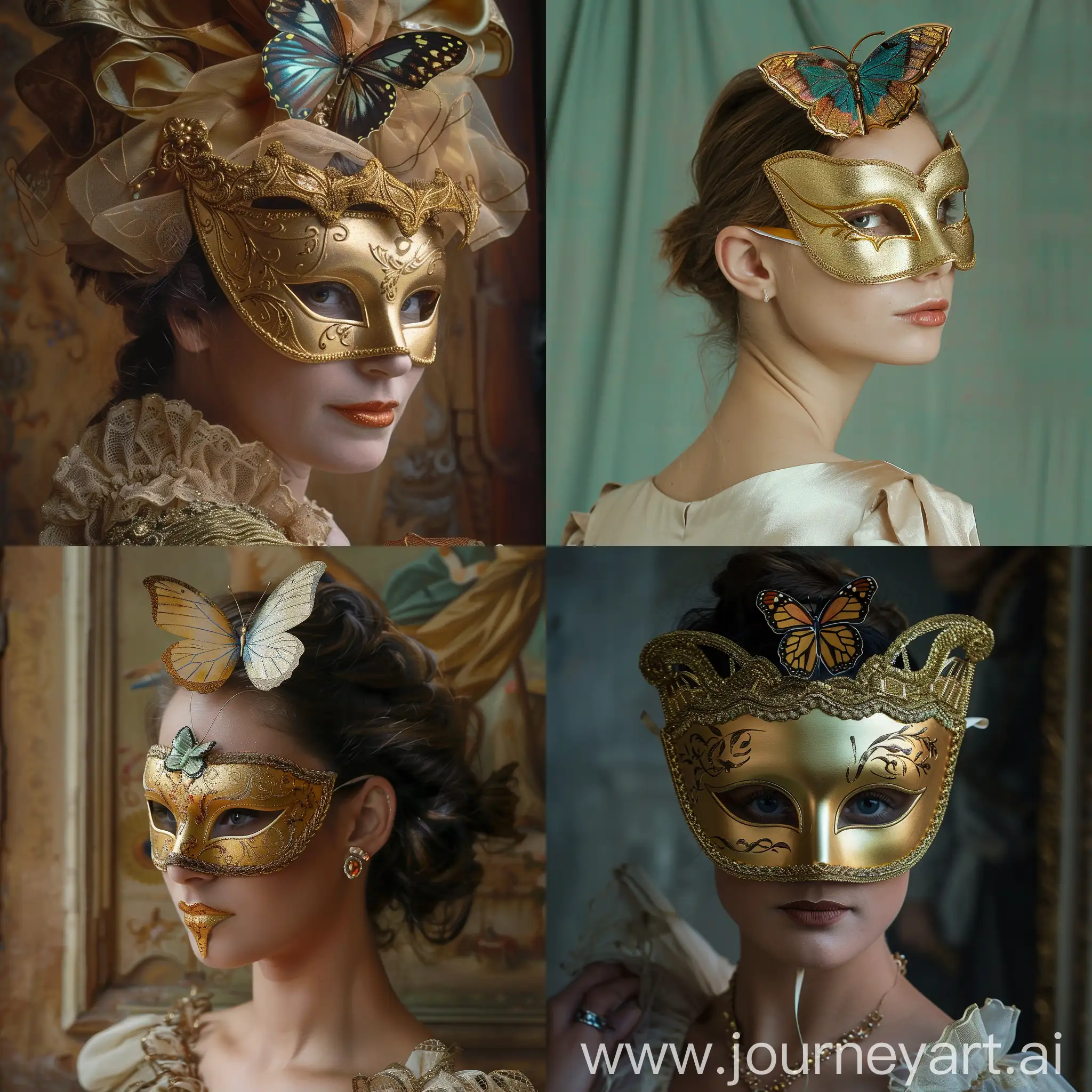 A woman with a gold venitian mask with a butterfly on top