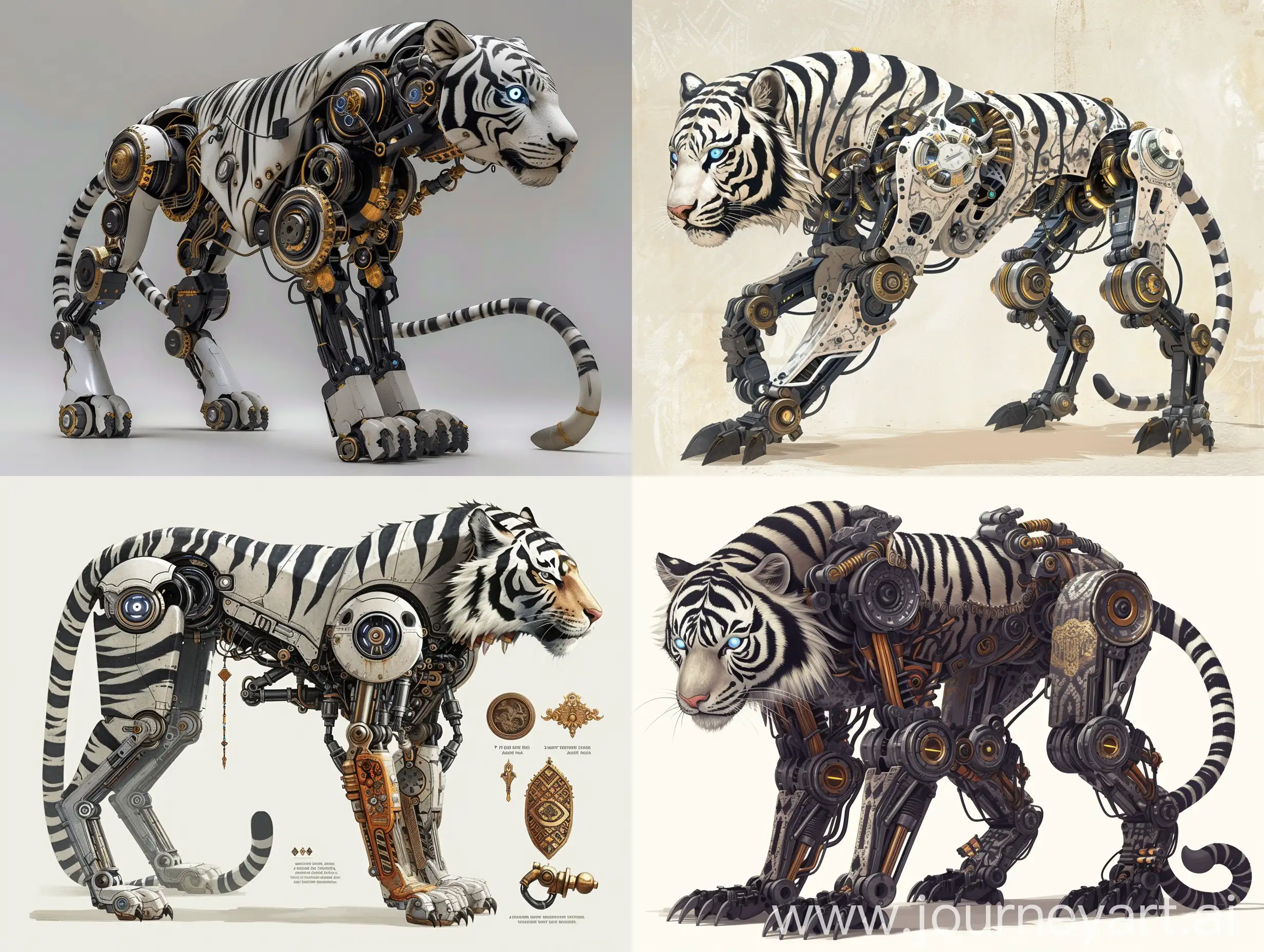 1. **The head of the Sundanese robotic tiger **:
   - The head of the Sundanese robotic tiger with its characteristic black and white stripes.
   - Add robotic elements such as blinking LED lights in the eyes to showcase intelligence and technology.

2. **Body**:
   - A strong and muscular body design, portraying strength and bravery.
   - There is an outer layer resembling metal skin to indicate the robotic aspect.

3. **Legs and Claws**:
   - Sturdy legs with sharp claws, symbolizing courage and toughness.
   - Legs could be equipped with mechanical elements or wheels to enhance the robotic impression.

4. **Tail**:
   - A long and powerful tail, reflecting gracefulness and agility.
   - Additional elements such as hinges or joints could be added to increase dynamics in the tail.

5. **Additional Details**:
   - Incorporate traditional accents from West Java such as batik motifs or golden ornaments to provide a cultural touch.
   - Include accessories like masks or traditional jewelry that complement the theme of West Javanese customs.