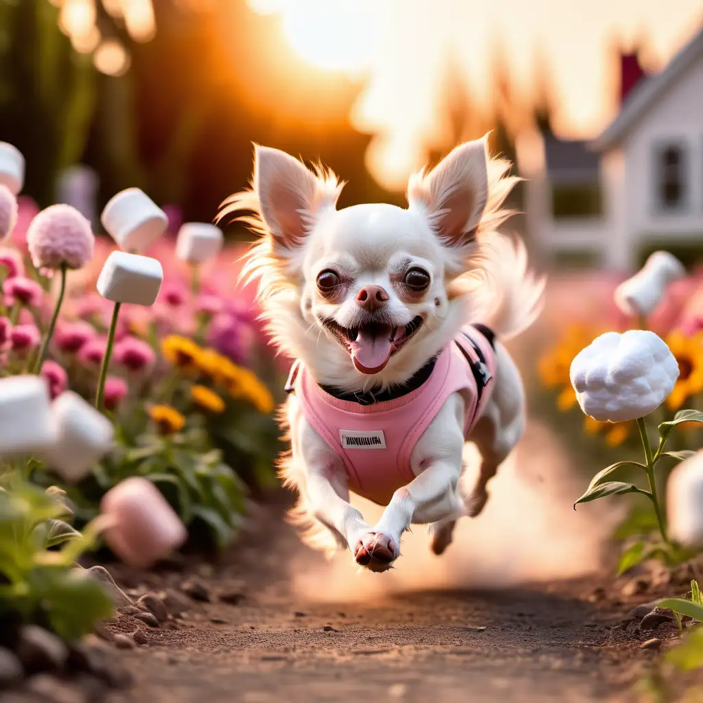 Energetic Pink Chihuahua Enjoying a Sunny Flower Garden Run
