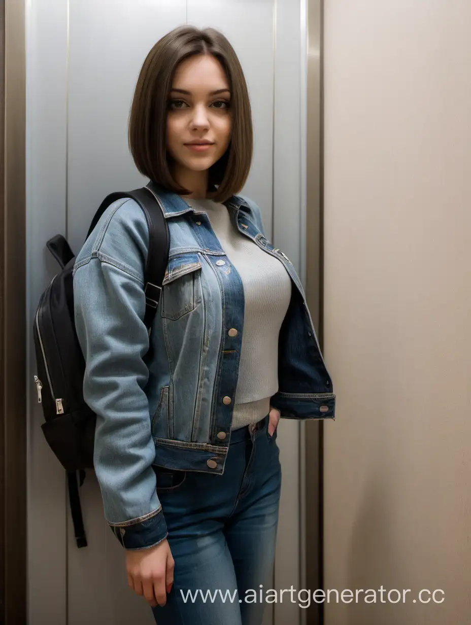 грудастая девушка брюнетка с прямой прической каре, лифтовая комната в российском многоквартирном доме, серый свитер, джинсовая куртка, джинсы, рюкзак за спиной