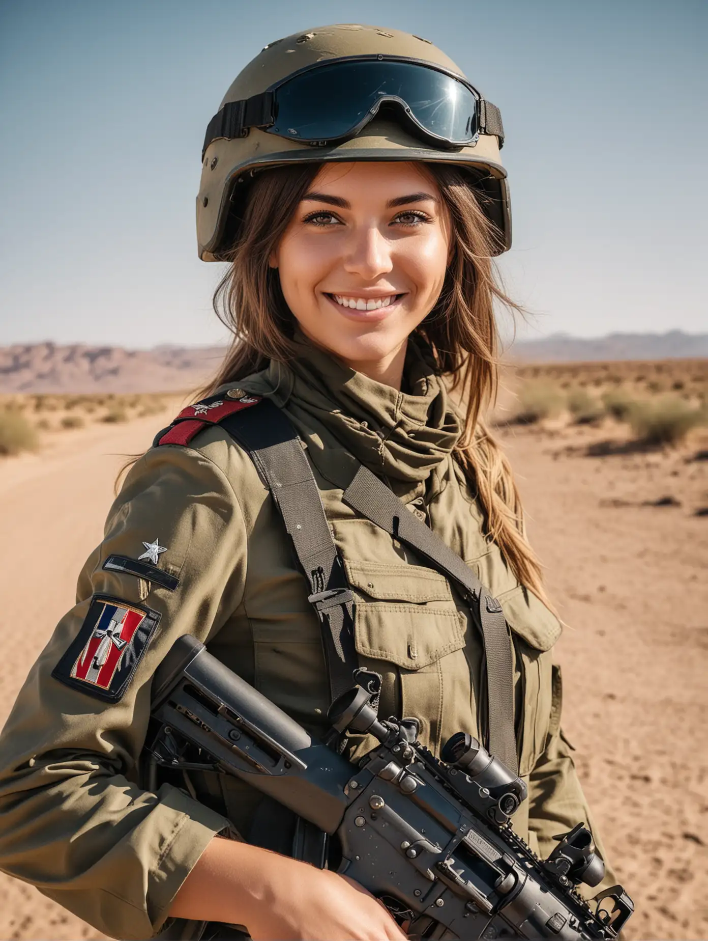 Smiling Europe Girl in Military Uniform with M4 Rifle in Desert