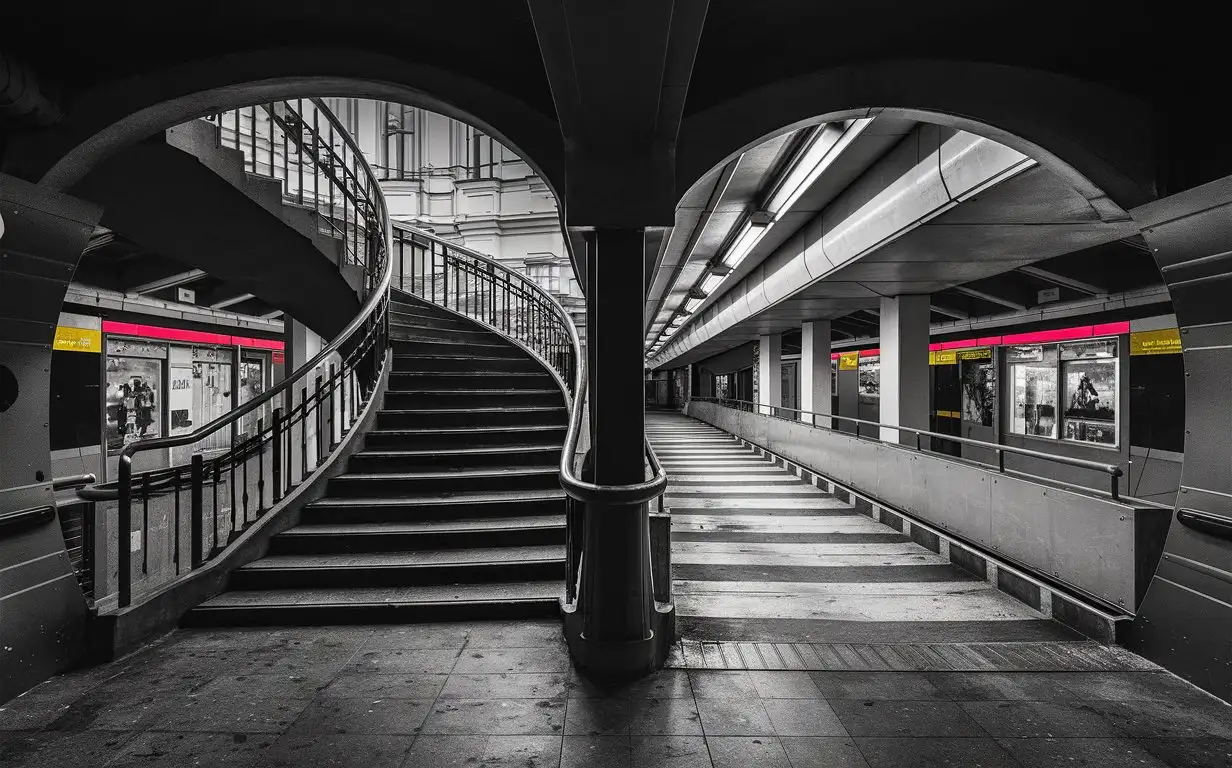 Выход из метро в Москве, на заднем плане лестница и выход на улица, на переднем подземный пешеходный переход. Всё в серых тонах с красными и желтыми акцентами на указателях и вывесках. Взгляд с высоты человеческих глаз, слева лестница, справа подземный пешеходный переход 