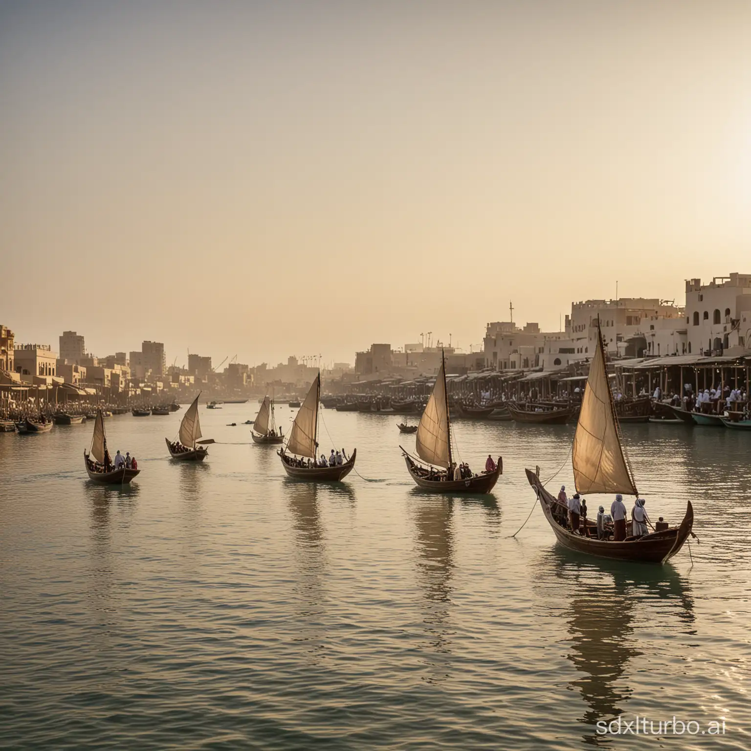 A fleet of ships or dhow with Arab pearl divers & fishermen setting off shore in early morning with an overview of the souq behind them
