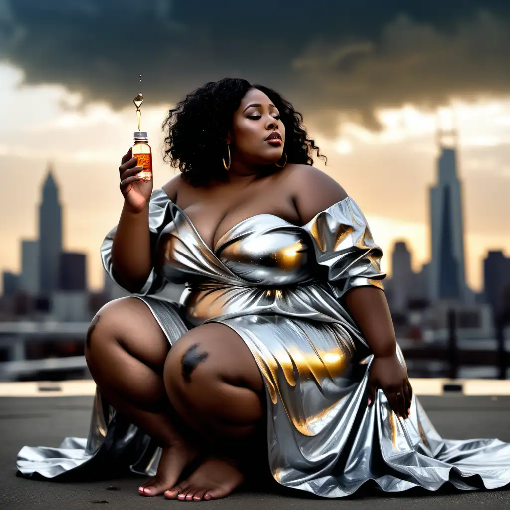 image of a black woman obese plus size, that is porcelain with gold cracks in her skin she is glossy and she has natural long chunky twist and is bare foot in a silver flowy dress with a background is smokey city with dripping metallic gold oil with reflective  ice sickles and the sky is cloudy hue with hints of rose gold and silver cast and the woman is sitting with her boyfriend with rainy oil coming from her fingertips. He tastes the oil
