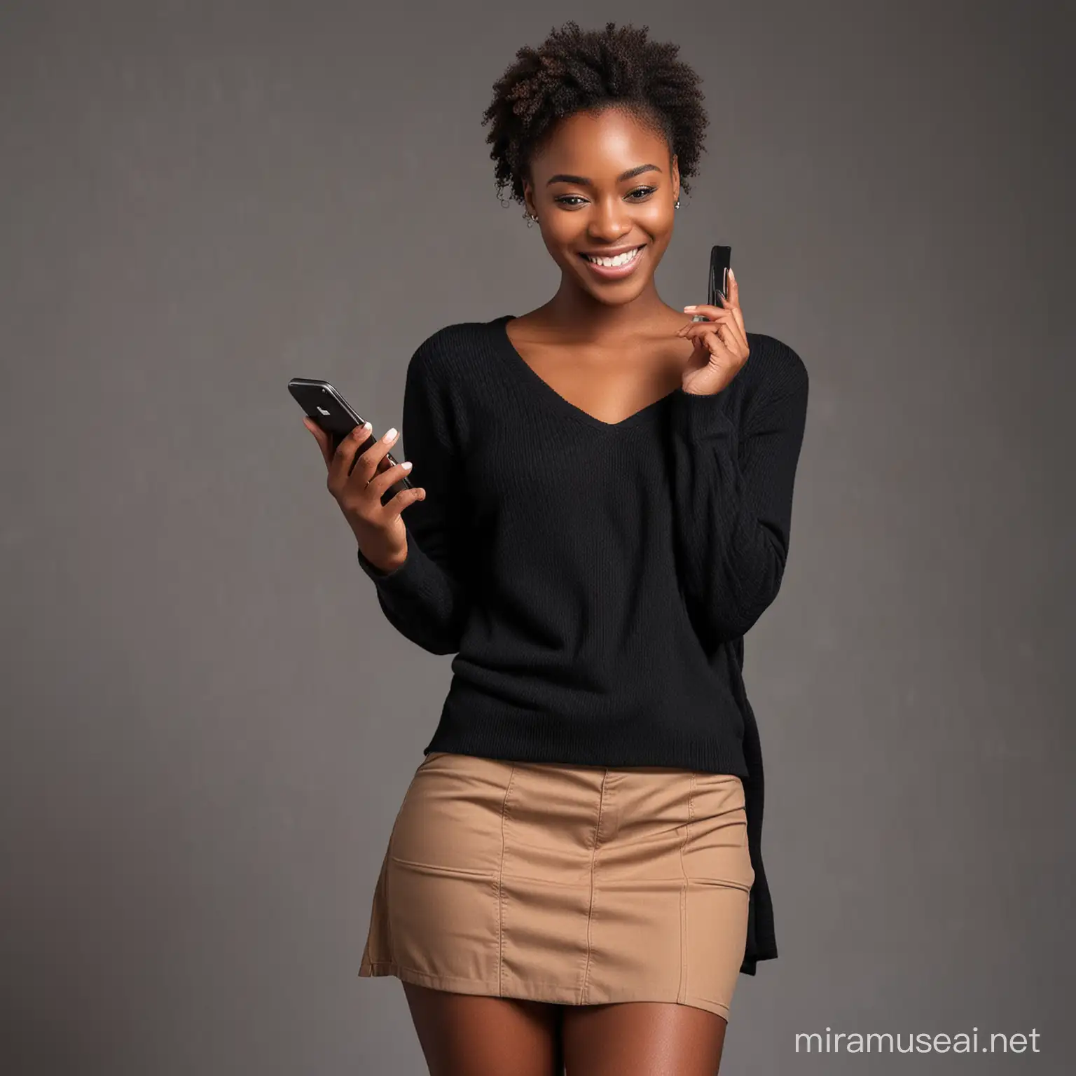 Realistic dark skin sexy looking, beautiful Africa female student in her late 20s, putting on a black sweater, on a short sexy skirt, naughty smile, pressing her mobile phone 
