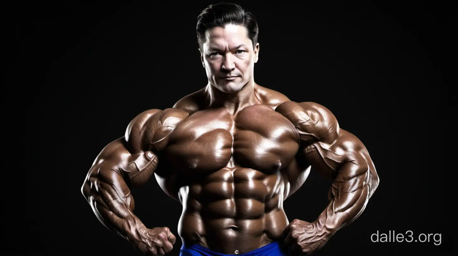 Pierre Poilievre, the President of Canada, depicted as a bodybuilder, adds a unique and attention-grabbing twist to the image. This aspect plays on the fascination with Pierre Poilievre's public persona and showcases him in an unexpected light, generating intrigue and curiosity among viewers. Bodybuilding Scene The setting of the image is in a typical bodybuilding environment, such as a gym or stage, where bodybuilders showcase their physique. This setting enhances the portrayal of Pierre Poilievre as a muscular figure and reinforces the theme of strength and power.  Style/Coloring: Realistic with Red & Blue, image is realistic, with attention to detail in depicting Pierre Poilievre's physique and facial features. Bold colors are used to accentuate his muscles and create a visually striking image that grabs the viewer's attention. Flexing Muscles The central action in the image is Pierre Poilievre flexing his muscles, highlighting his strength and physical prowess. This action reinforces the bodybuilder theme and emphasizes Pierre Poilievre's powerful presence.