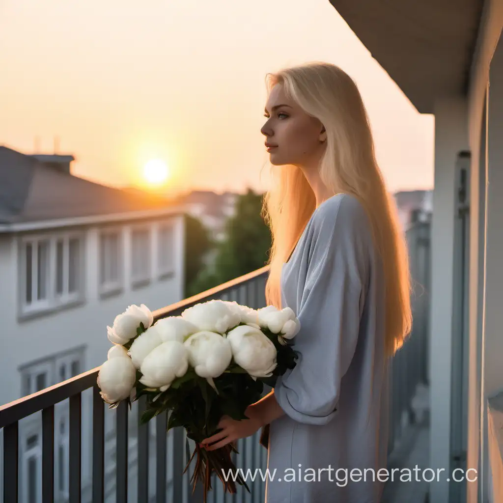 Blonde-Girl-Admiring-Sunrise-on-Vintage-Balcony-with-White-Peonies