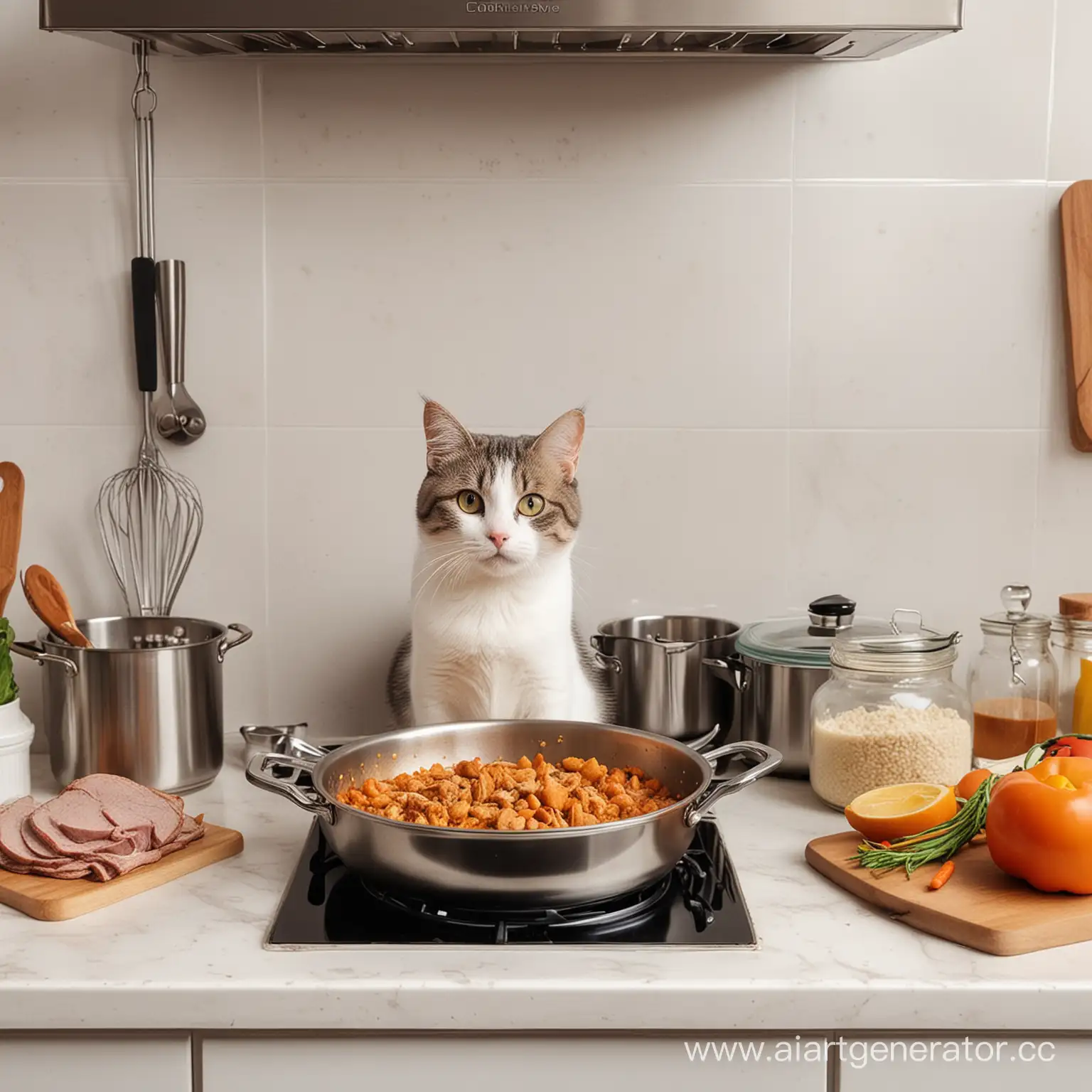 Кот готовит на кухне