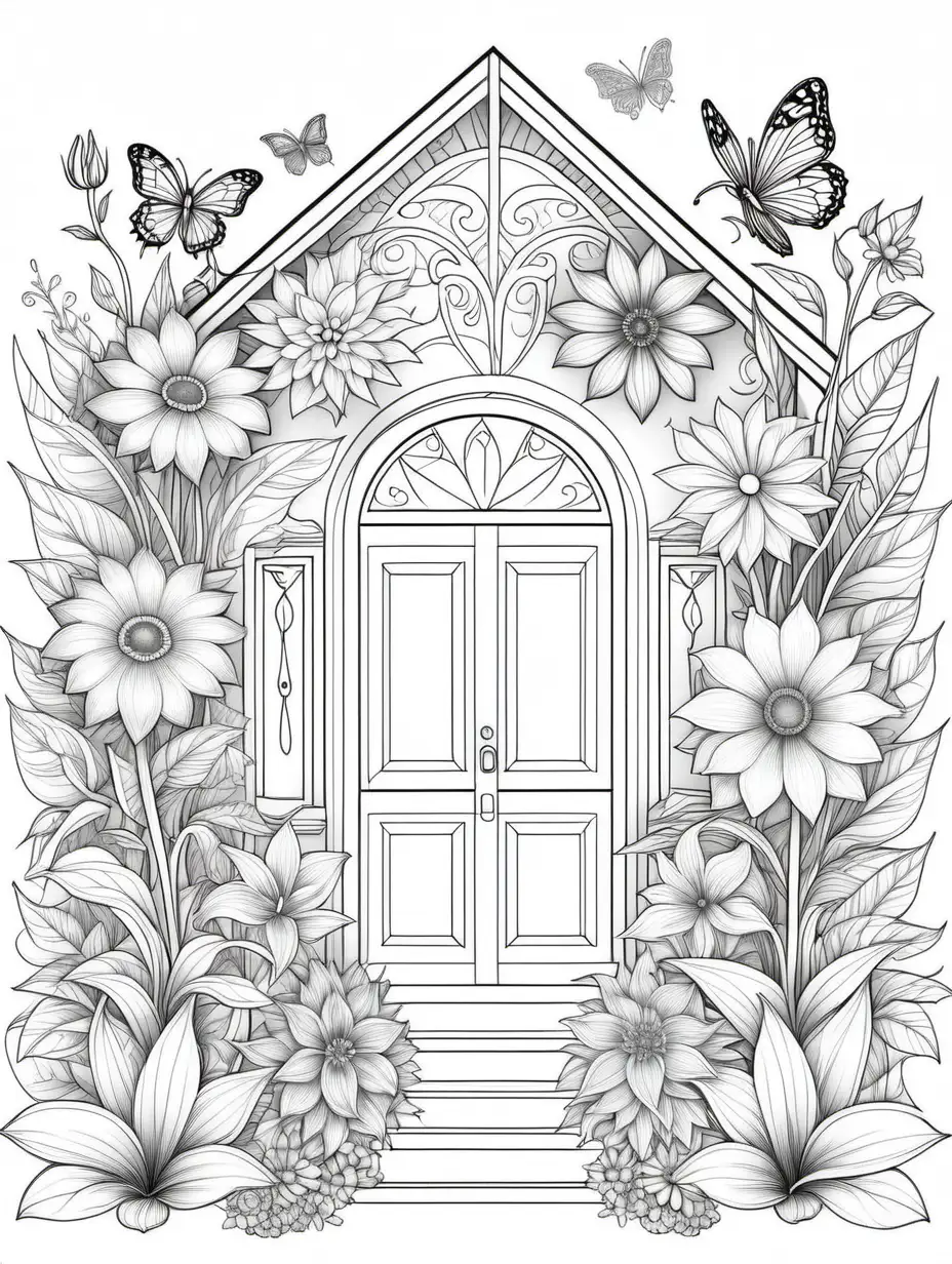 create a unique magical flowers and home escape outline on a white clear background for a adult coloring book
