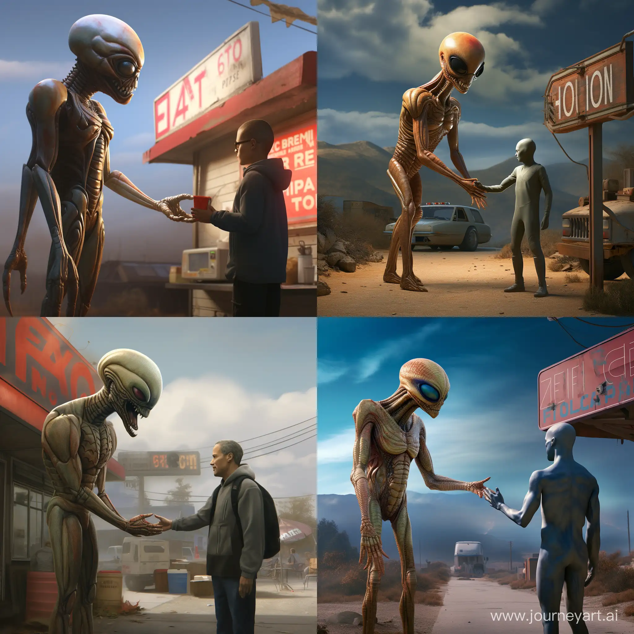 The alien ET shaking hands with Spider-Man, Next to a sign that says “1046” realistic, cinematic 