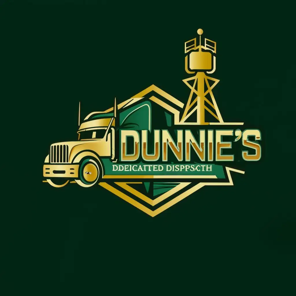 logo, semi-truck, cellphone tower, all gold in color, emerald green background color, modern, with the text "dunnie's dedicated dispatch", typography, be used in Automotive industry