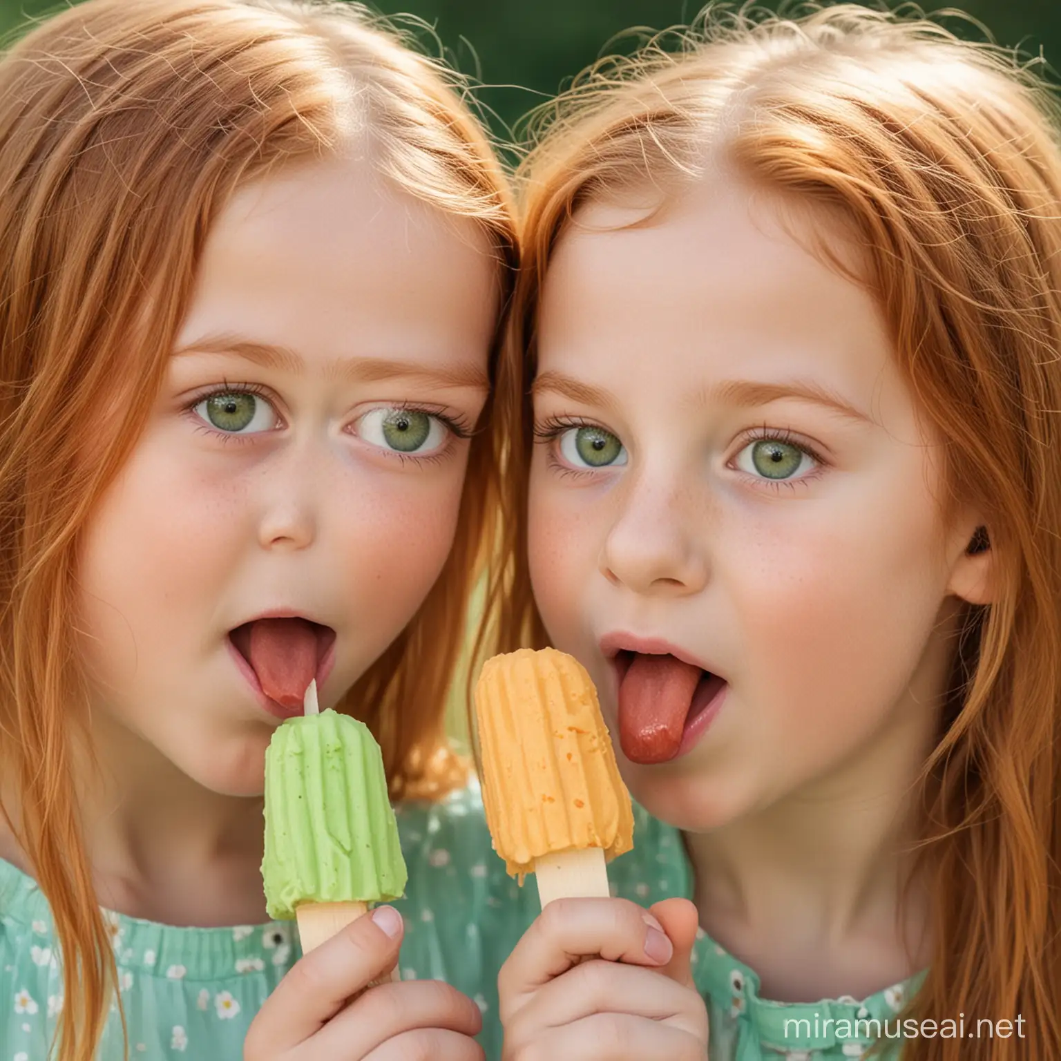 two little girls with green eyes and ginger hair licking one ice lolly between them