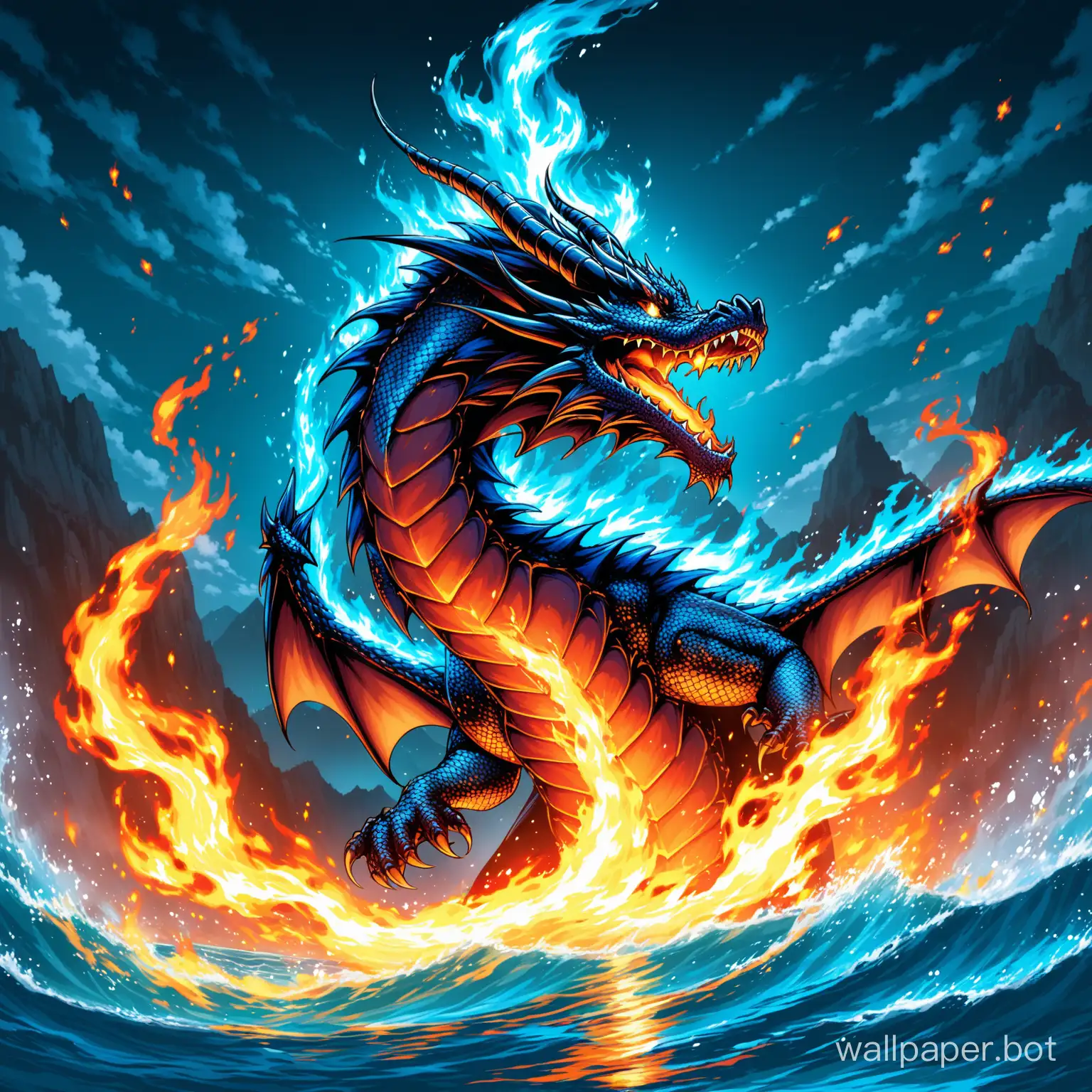 Majestic-Blue-Dragon-Breathing-Fire-into-the-Azure-Waters