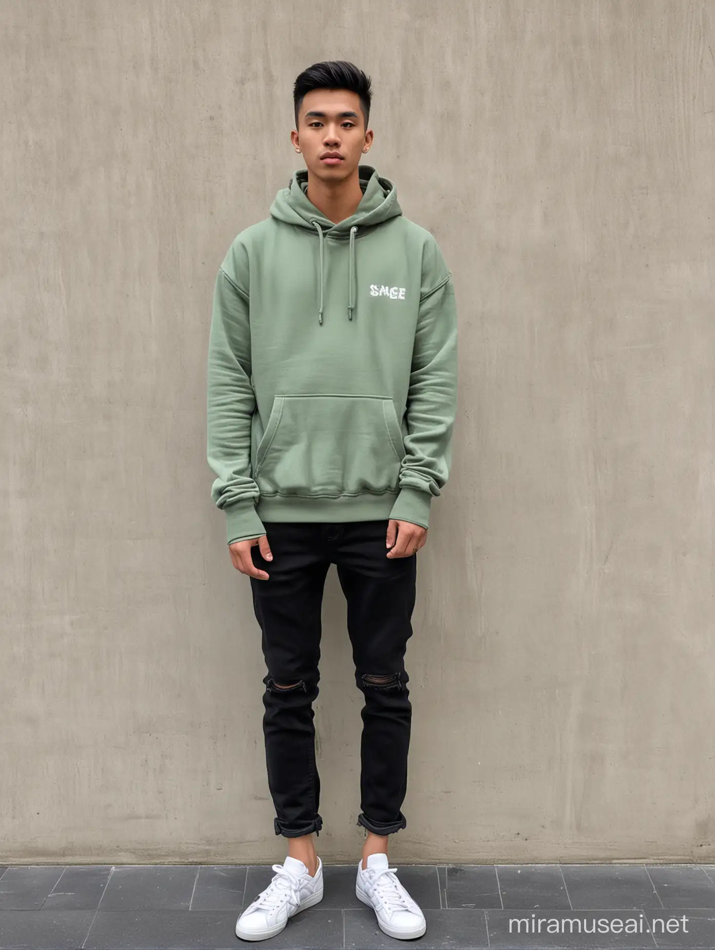Indonesian man, 20 years old, wearing a Sage hoodie, black jeans, white shoes