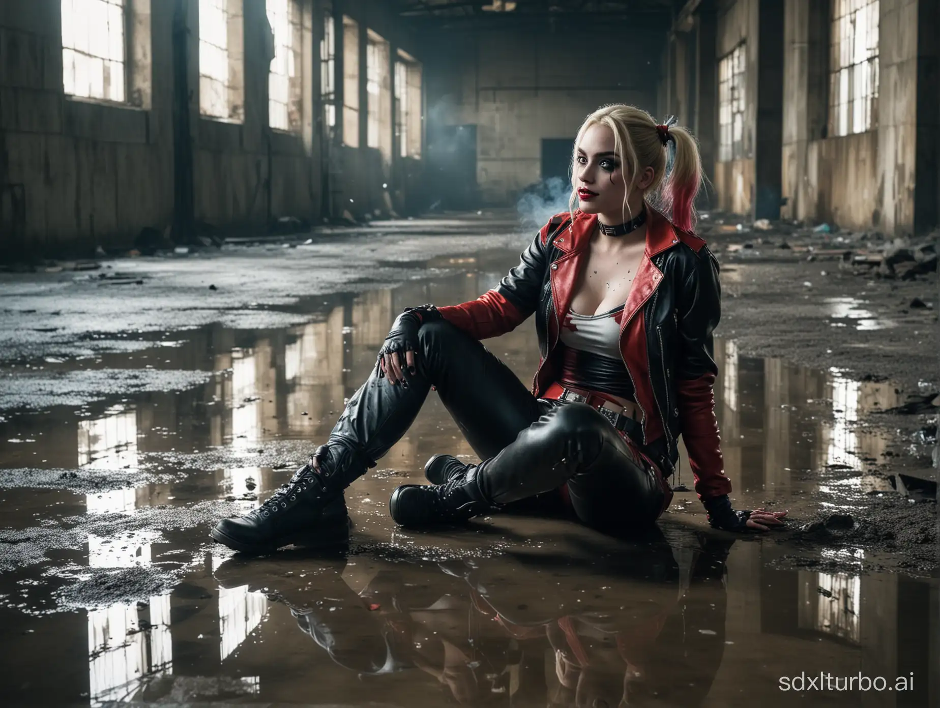 Harley Quinn, sitting on the floor smoking, in an abandoned warehouse, with puddles of water on the floor, reflections in the water