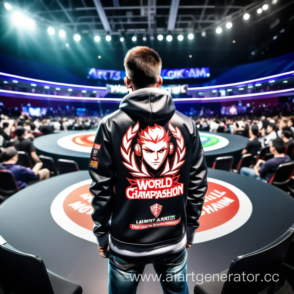 art about a player with his back half-turned at the World mobile game championship with the inscription on his clothes Likmiktik against the background of the stands from the world mobile game championship