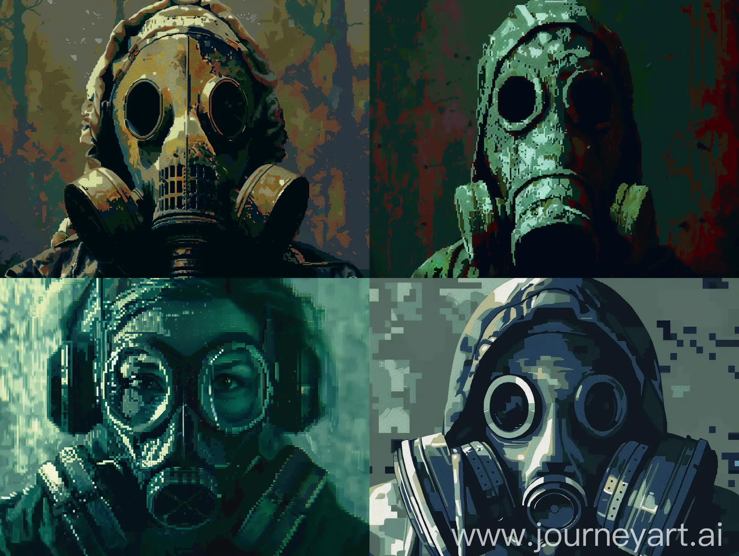 A picture of a stalker's face wearing a gas mask. Chernobyl. Cinematic. Epic. Close up. Obscure atmosphere. abstract. pixel art