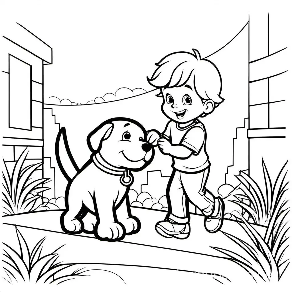 A toddler playing fetch with his puppy and they are having a fun time. Simple line art, easy for toddlers to color within the lines. Ample white space in the background. Disney animation style., Coloring Page, black and white, line art, white background, Simplicity, Ample White Space. The background of the coloring page is plain white to make it easy for young children to color within the lines. The outlines of all the subjects are easy to distinguish, making it simple for kids to color without too much difficulty