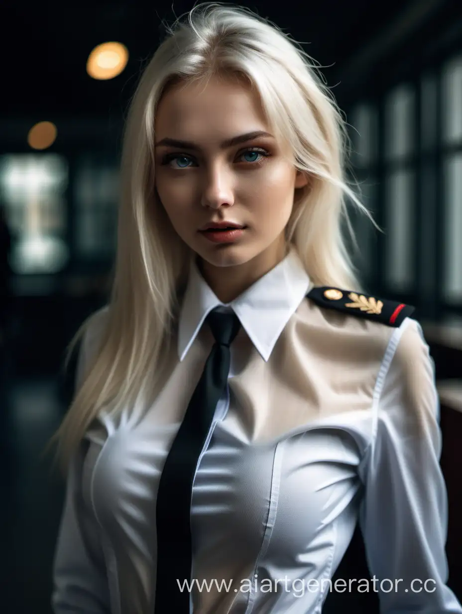 Photo of a beautiful russian model looking at camera, full body, wide shot, detailed skin, film photography, perfect body, realistic, sharp focus, very detailed, 4K HQ, depth of field, f/1.2, Leica, 8K HDR, High contrast, shadows, bokeh, platinum blonde hair, see trough uniform