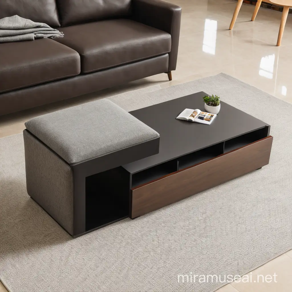 一款无脚落地茶几，旁有一张布沙发，浅暖色的陶瓷地板，暖灰色地毯