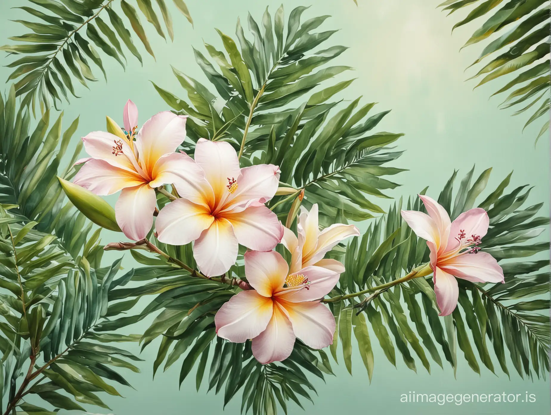 Tropical frangipanis, elegant pastel background, palms, tropical leaves, acrylic realistic style, natural
