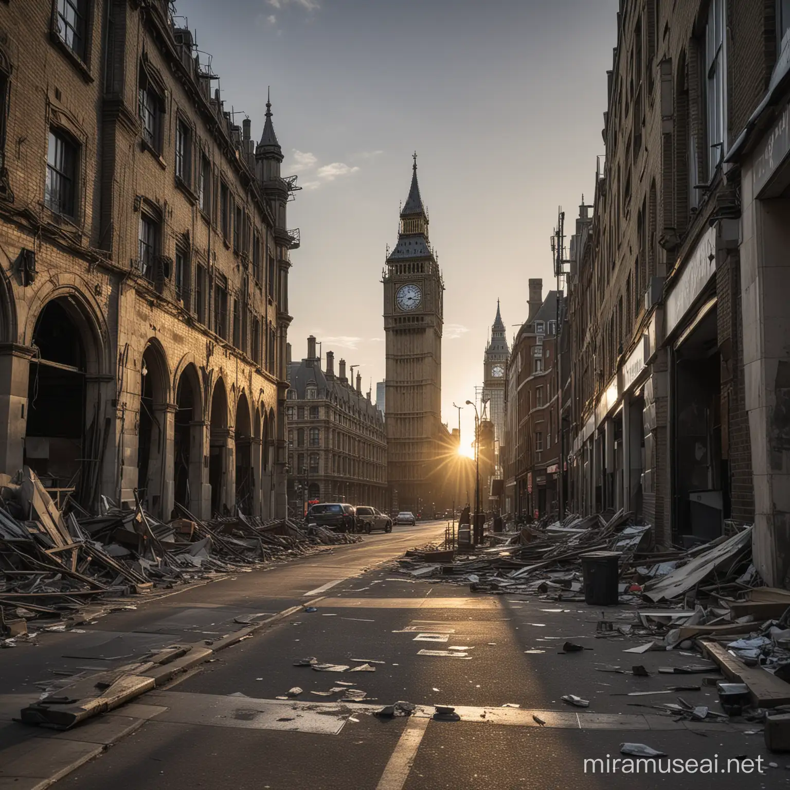 A very wide angle image of destroyed and decaying dystopian London, featuring landmarks, like big ben, the Gherkin, the shard. 
At sunset from street level, but with a wide view.
