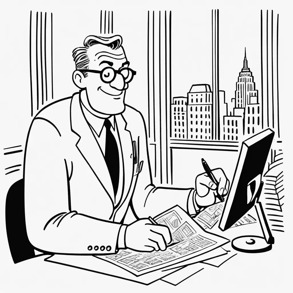 In the style of a New Yorker magazine cartoon or James Thurber illustration, create an image of a person analyzing a real estate deal. The person should be smiling or enjoying what he is doing.