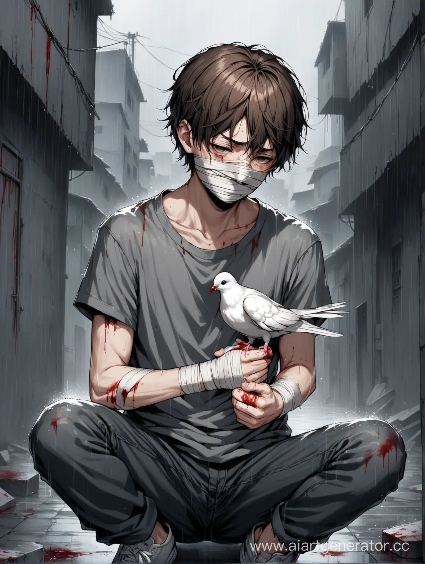 Boy-Holding-Injured-Pigeon-in-Rainy-Urban-Slum