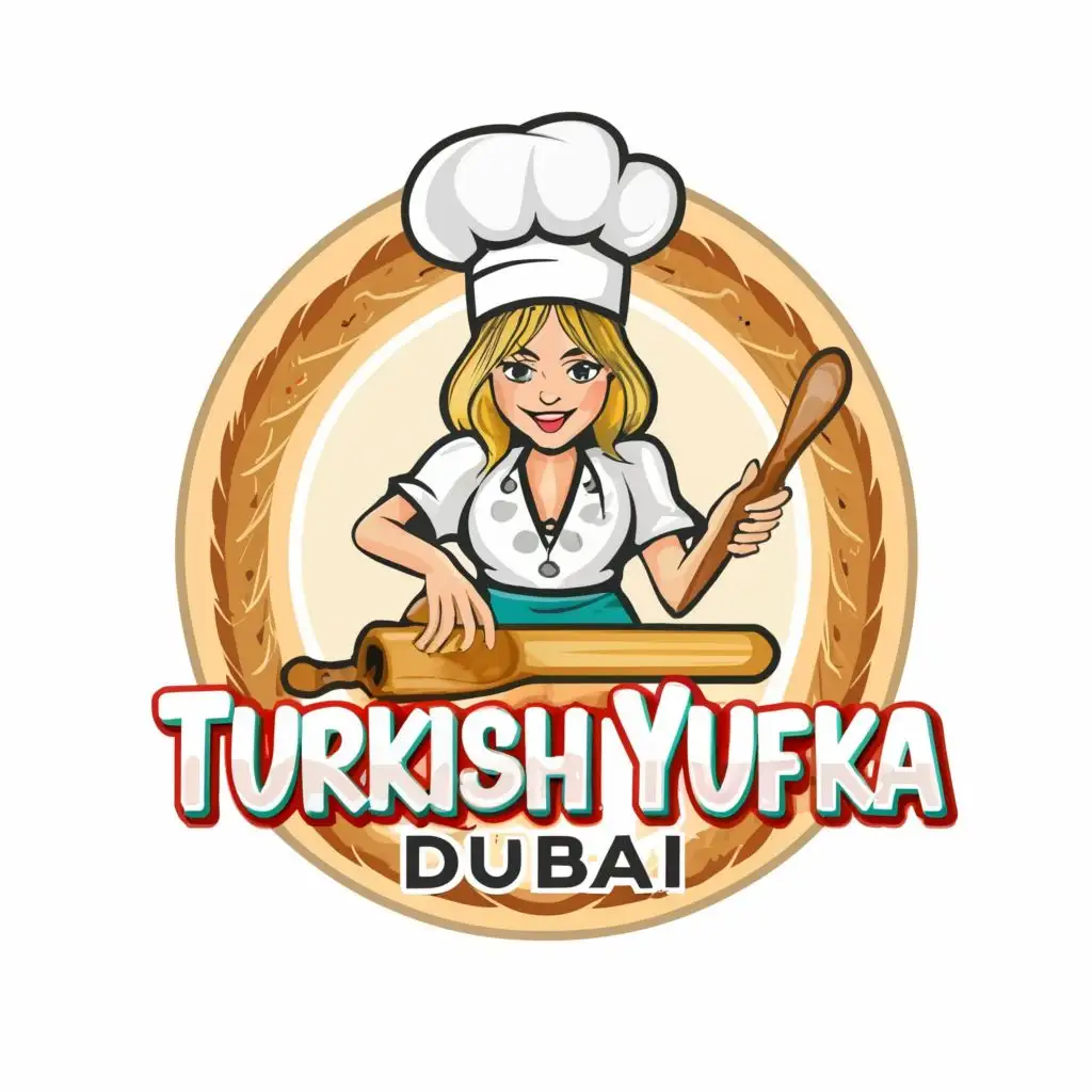 logo, A funny blonde girl chief with rolling pin and hat making lavash bread, with the text "Turkish Yufka Dubai", typography, be used in Restaurant industry