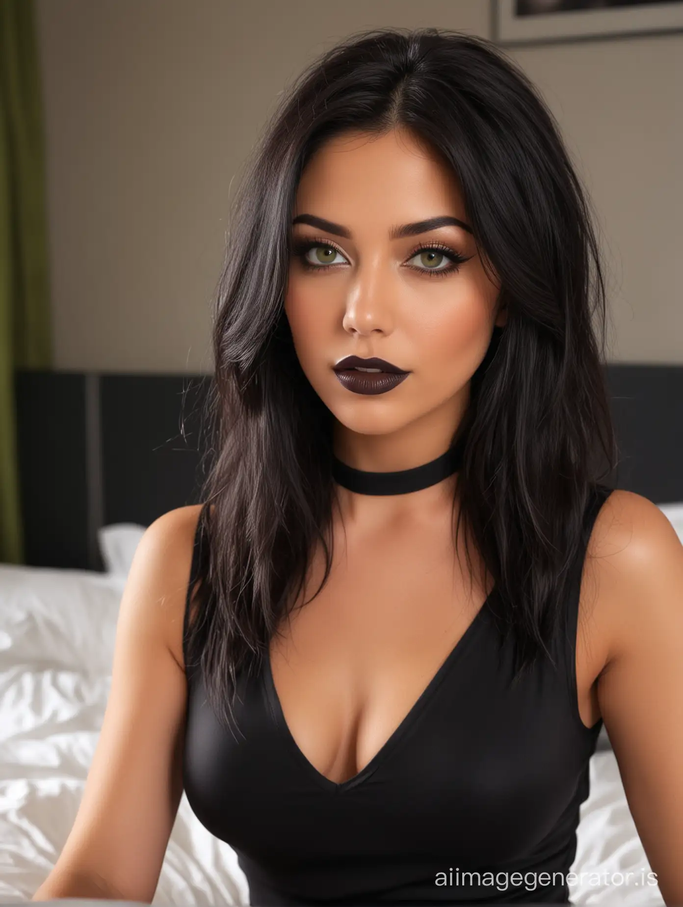 sexy model girl 32 years black hairs with black spandex dress sitting on bed, green eyes, black lips, black make up, brown skin color, high definition, highly detailed, extremely detailed, ultra detailed, very attractive, very cute, 8k ultra realistic
