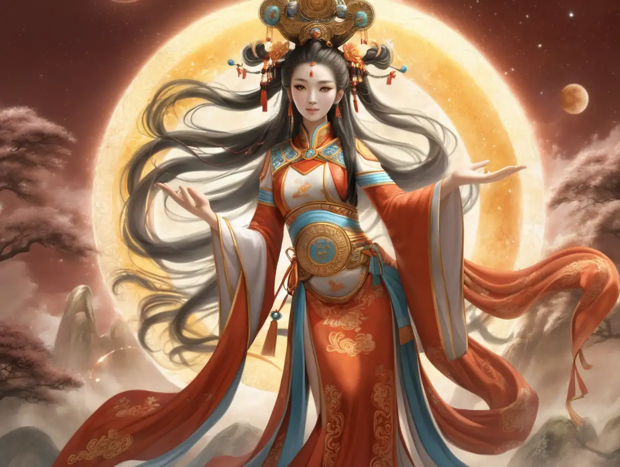 Ancient Chinese Celestial Goddess Portrait with Ornate Robes and Divine Aura