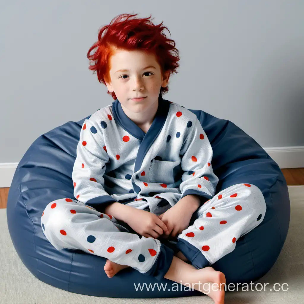 Chico sentado en sillón puff con pijama y cabello rojo