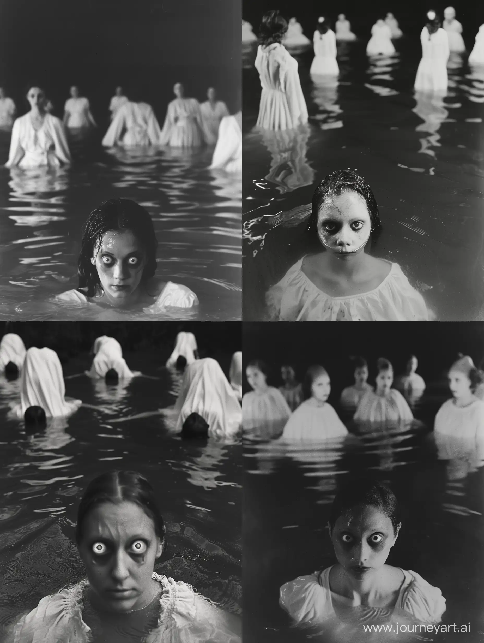Grayscale image of a woman in murky water, only her hollow eyes are visible above water staring blankly, behind her there are several other female bodies in thin white gowns, floating face down in the water, nightmare fuel, dark aesthetic, taken on provia
